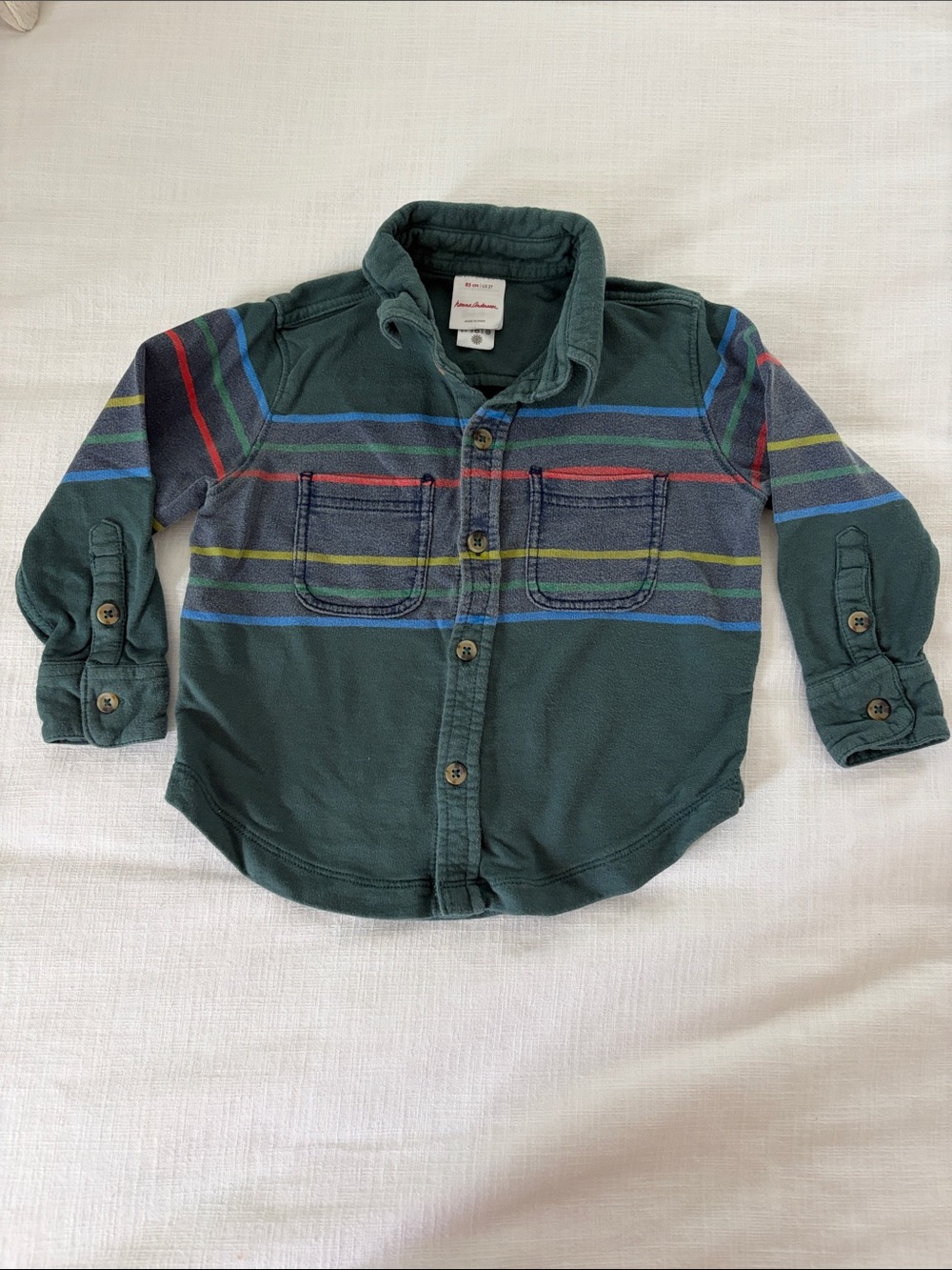 Hanna Andersson Dark Green Button-Down Shirt with Multicolor Stripes 85 cm / 2T
